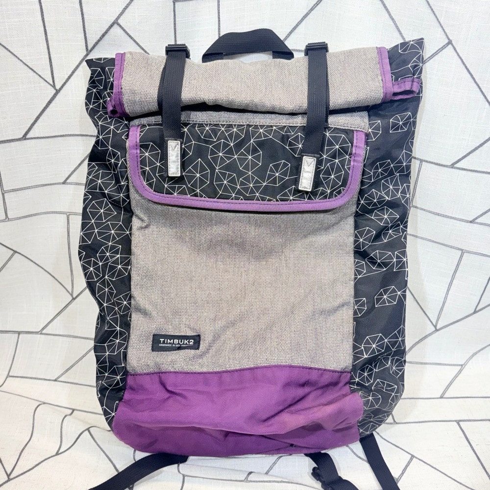 Timbuk2 Roll Top Backpack OS Purple Grey Geometric Print Commuter Bag